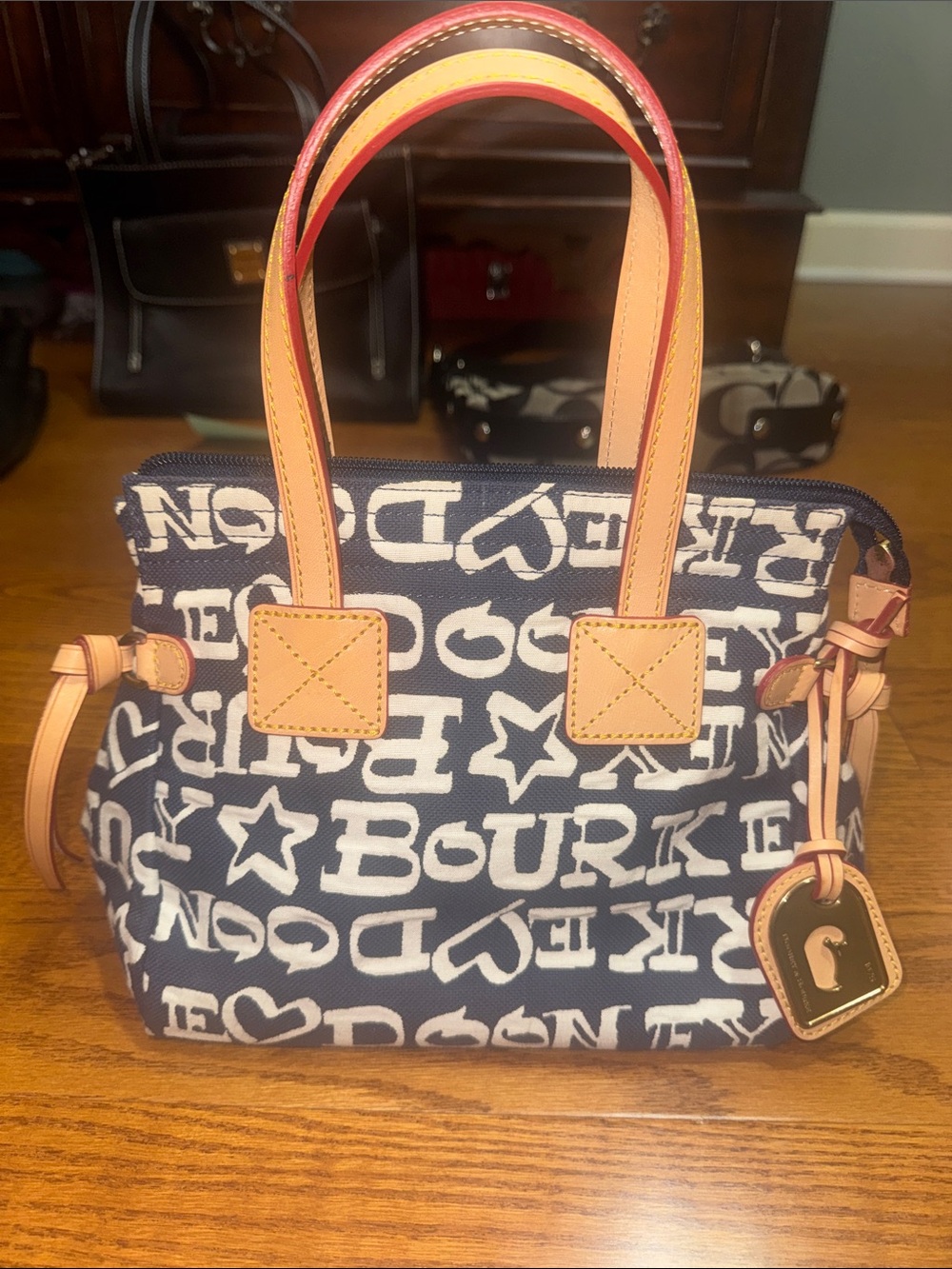 Vintage Dooney & Bourke Navy Canvas Logo Satchel with Tan Leather Handles